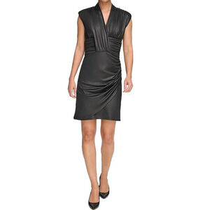 NWT DKNY Women's Black Glazed Ruched V-Neck Sleeveless Shift Dress Size 12